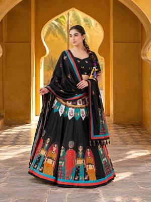 Navratri Garba Special Satin Silk Printed Lehenga Choli for Women with Matching Blouse and Dupatta Set 4