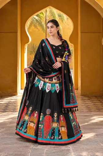 Navratri Garba Special Satin Silk Printed Lehenga Choli for Women with Matching Blouse and Dupatta Set