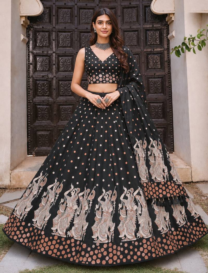 Navratri Garba Special Satin Silk Printed Lehenga Choli for Women with Matching Blouse and Dupatta Set