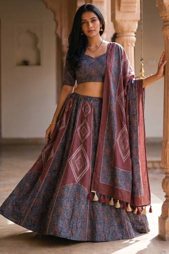 Navratri Garba Special Satin Silk Printed Lehenga Choli for Women with Matching Blouse and Dupatta Set