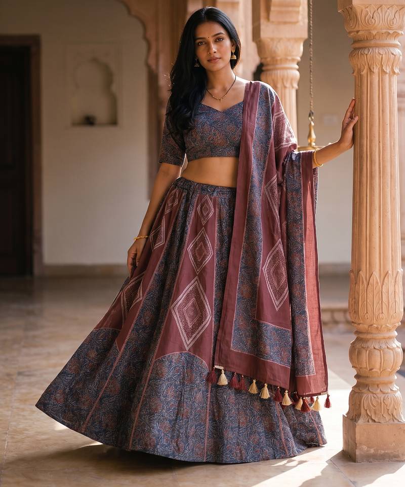 Navratri Garba Special Satin Silk Printed Lehenga Choli for Women with Matching Blouse and Dupatta Set