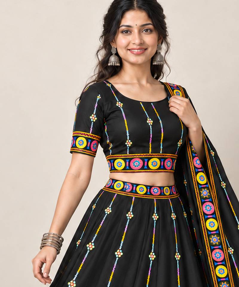 Navratri Garba Special Satin Silk Printed Lehenga Choli for Women with Matching Blouse and Dupatta Set