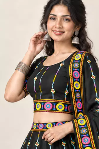 Navratri Garba Special Satin Silk Printed Lehenga Choli for Women with Matching Blouse and Dupatta Set