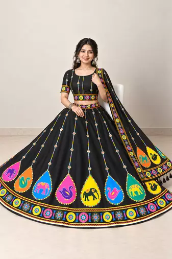 Navratri Garba Special Satin Silk Printed Lehenga Choli for Women with Matching Blouse and Dupatta Set