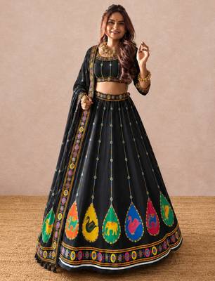 Navratri Garba Special Satin Silk Printed Lehenga Choli for Women with Matching Blouse and Dupatta Set 4