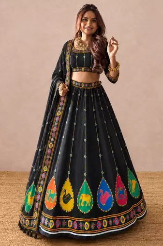 Navratri Garba Special Satin Silk Printed Lehenga Choli for Women with Matching Blouse and Dupatta Set