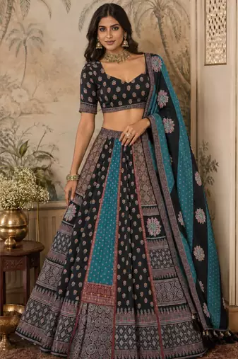Navratri Garba Special Satin Silk Printed Lehenga Choli for Women with Matching Blouse and Dupatta Set