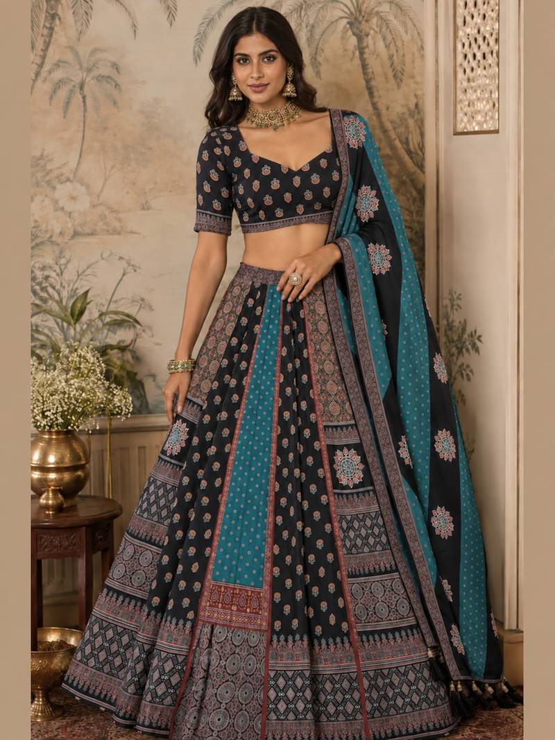 Navratri Garba Special Satin Silk Printed Lehenga Choli for Women with Matching Blouse and Dupatta Set