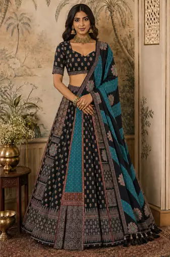 Navratri Garba Special Satin Silk Printed Lehenga Choli for Women with Matching Blouse and Dupatta Set