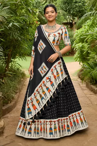 Navratri Garba Special Satin Silk Printed Lehenga Choli for Women with Matching Blouse and Dupatta Set