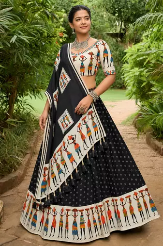 Navratri Garba Special Satin Silk Printed Lehenga Choli for Women with Matching Blouse and Dupatta Set