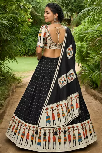 Navratri Garba Special Satin Silk Printed Lehenga Choli for Women with Matching Blouse and Dupatta Set