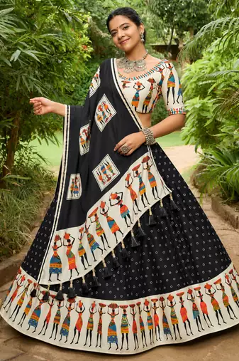 Navratri Garba Special Satin Silk Printed Lehenga Choli for Women with Matching Blouse and Dupatta Set