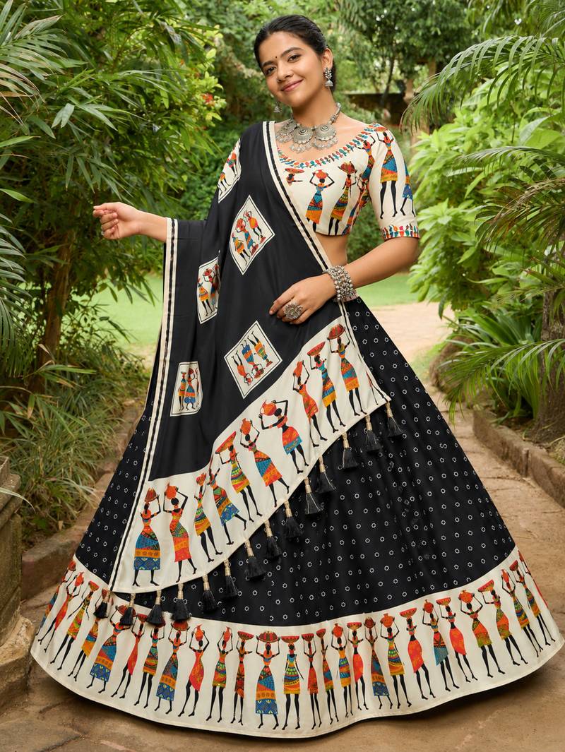 Navratri Garba Special Satin Silk Printed Lehenga Choli for Women with Matching Blouse and Dupatta Set