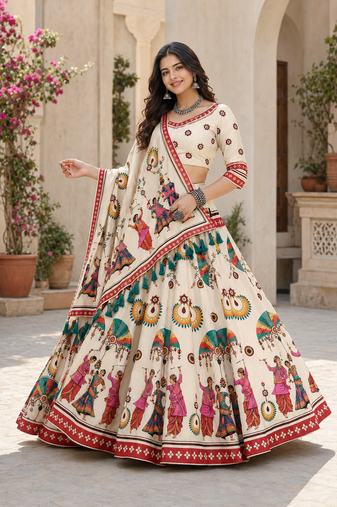Cream Navratri Garba Special Cotton  Lehenga choli