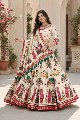 Cream Navratri Garba Special Cotton  Lehenga choli