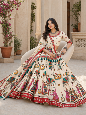 Cream Navratri Garba Special Cotton  Lehenga choli 2