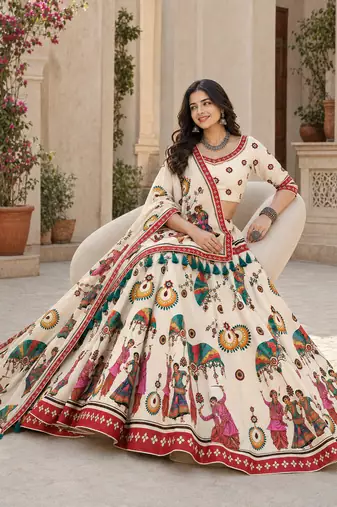 Cream Navratri Garba Special Cotton  Lehenga choli