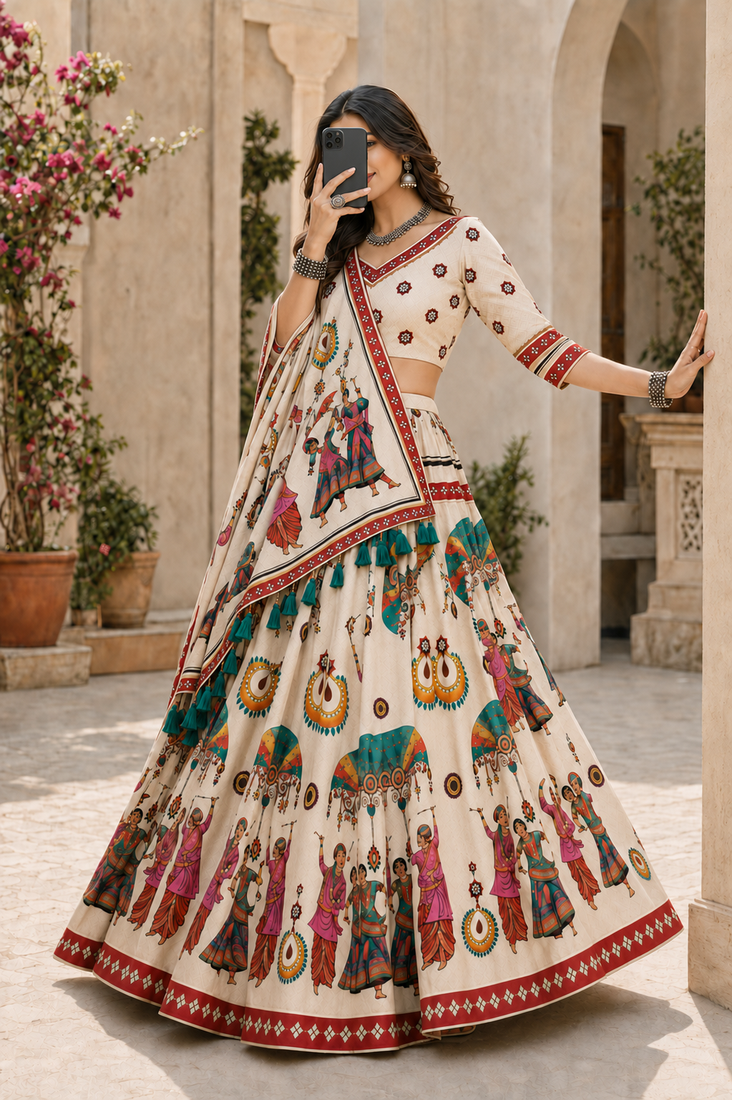 Cream Navratri Garba Special Cotton  Lehenga choli