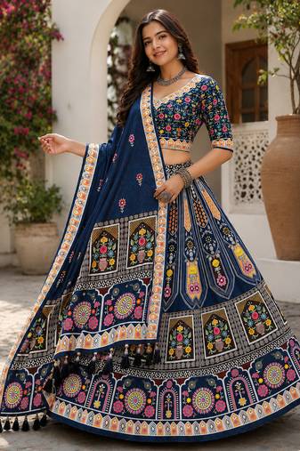 Blue Navratri Garba Special Cotton  Lehenga choli