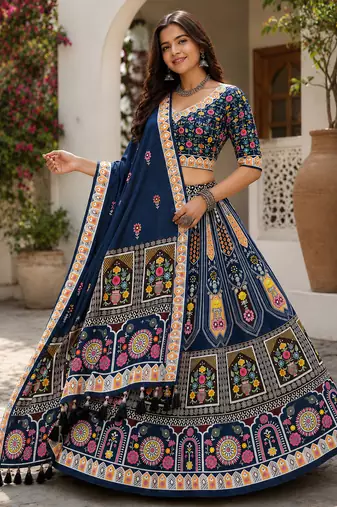 Blue Navratri Garba Special Cotton  Lehenga choli