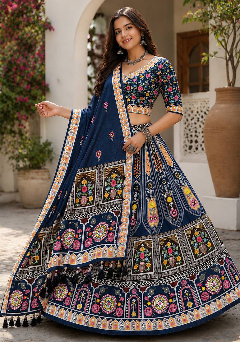 Blue Navratri Garba Special Cotton  Lehenga choli