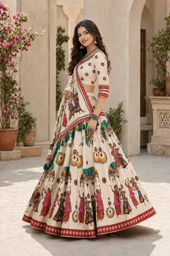Cream Navratri Garba Special Cotton  Lehenga choli