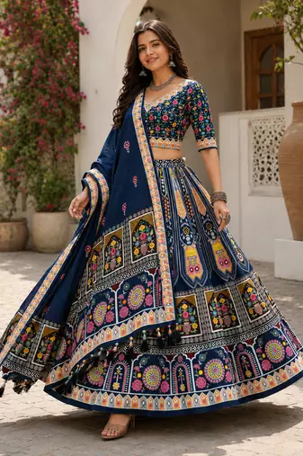 Blue Navratri Garba Special Cotton  Lehenga choli