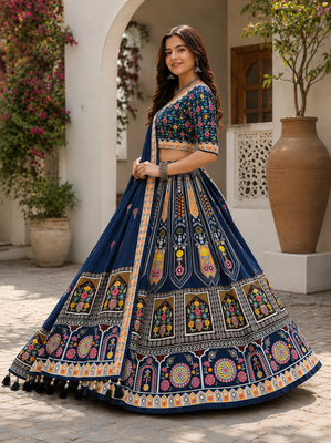 Blue Navratri Garba Special Cotton  Lehenga choli 3
