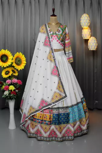Multi Color Digital Print And Mirror Work Slik Blend Lehenga Choli