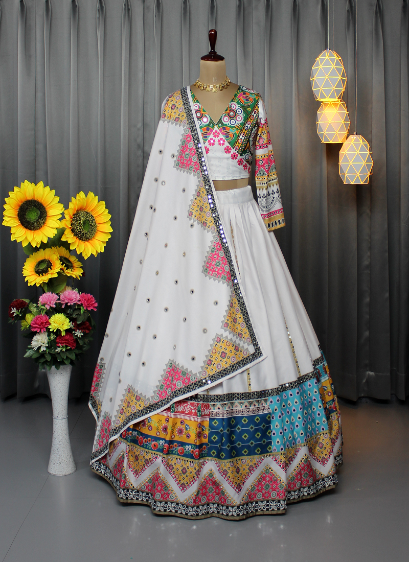 white multi color digital print mirror work silk blend lehenga choli