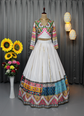 white multi color digital print mirror work silk blend lehenga choli 4
