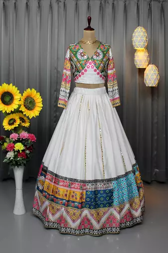 Multi Color Digital Print And Mirror Work Slik Blend Lehenga Choli