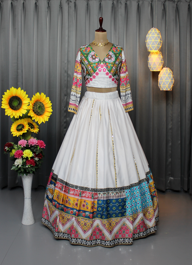 white multi color digital print mirror work silk blend lehenga choli