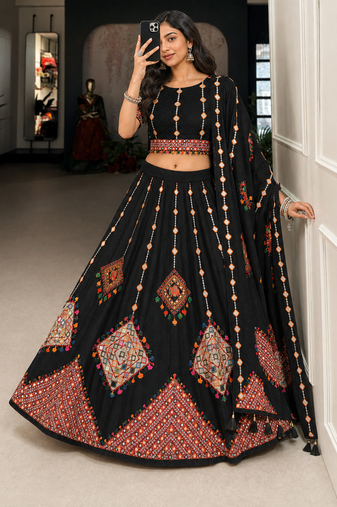 Black Navratri Garba Special Cotton  Lehenga choli