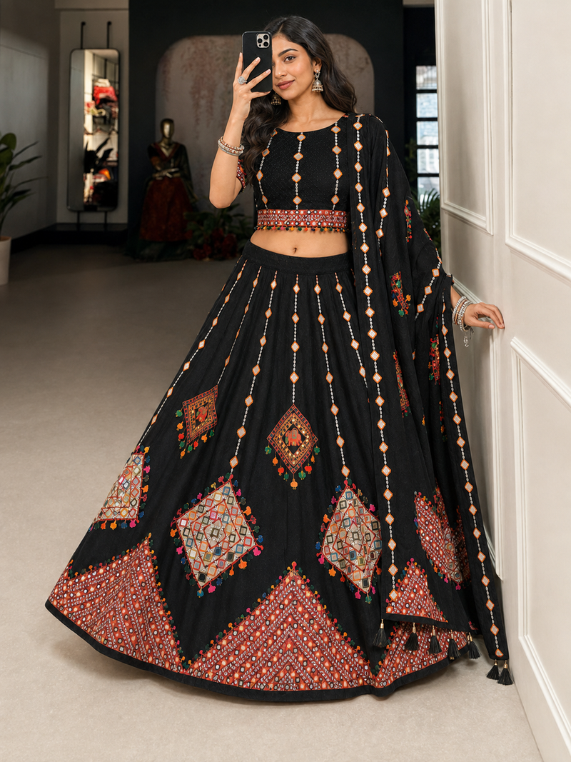 Black Navratri Garba Special Cotton  Lehenga choli