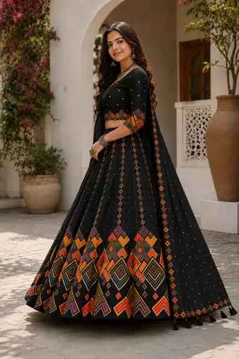 Black Navratri Garba Special Cotton  Lehenga choli