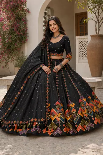 Black Navratri Garba Special Cotton  Lehenga choli