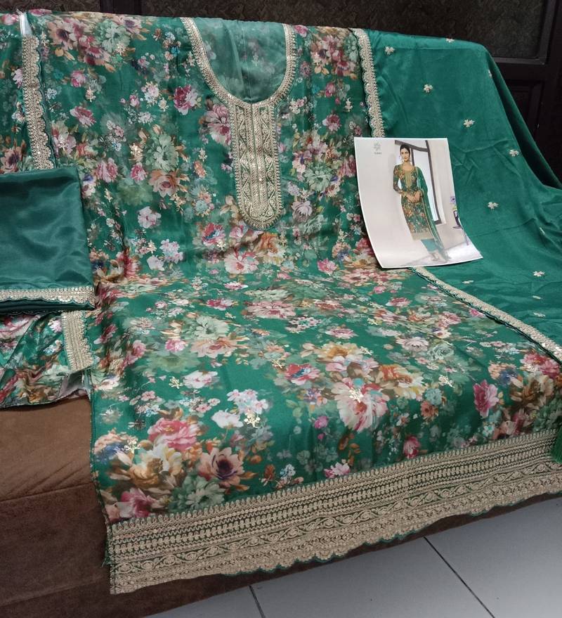 green embroidered silk blend salwar suit