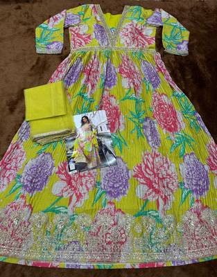mustard embroidered silk blend anarkali salwar suit 4