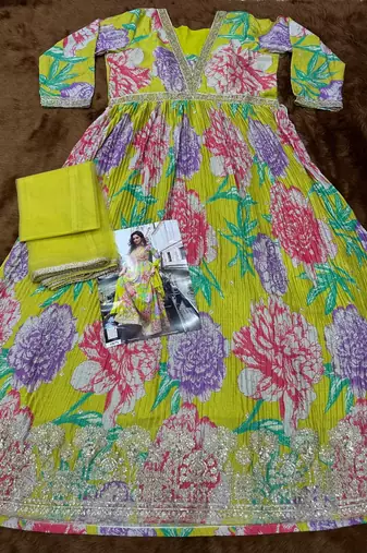 mustard embroidered silk blend anarkali salwar suit