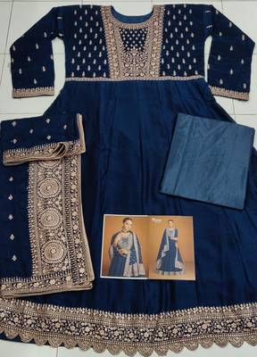 Navy blue designer embroidered heavy silk blend anarkali suit 3