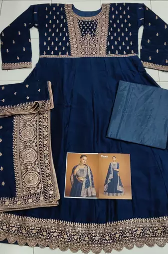 Navy blue designer embroidered heavy silk blend anarkali suit