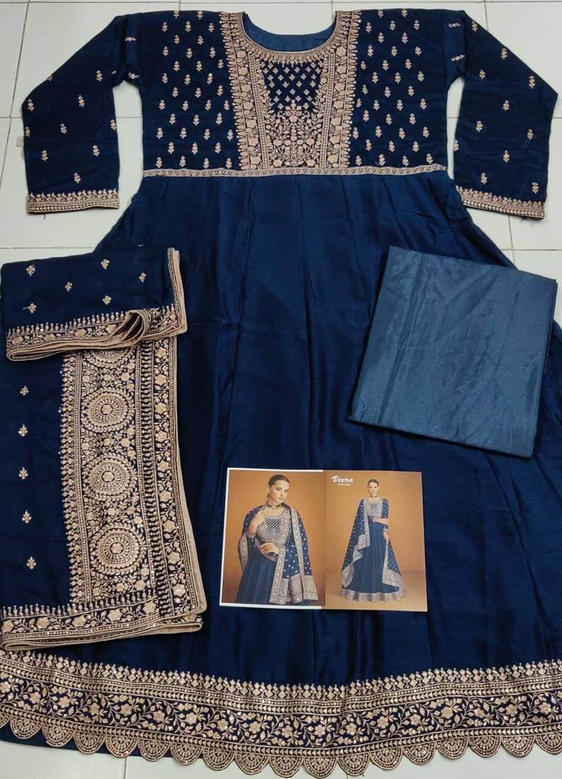 Navy blue designer embroidered heavy silk blend anarkali suit