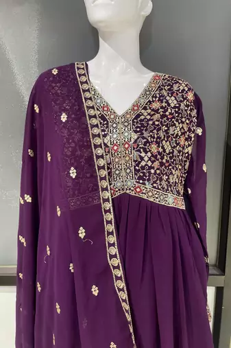 Purple georgette embroidered gown suit  with designer dupatta