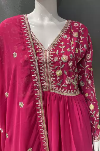 Pink georgette embroidered gown suit  with designer dupatta