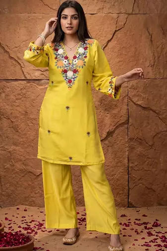 women's cotton blend embroidered kurta pant set