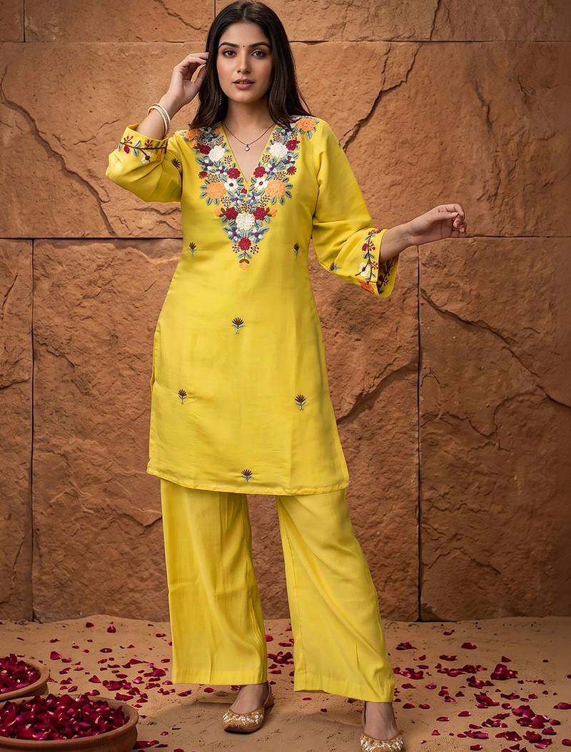 women's cotton blend embroidered kurta pant set