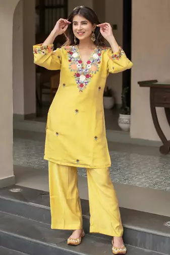 women's cotton blend embroidered kurta pant set