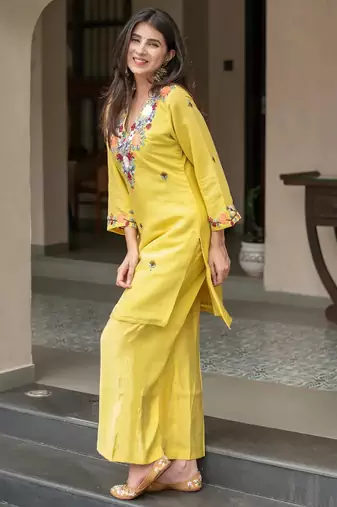 women's cotton blend embroidered kurta pant set